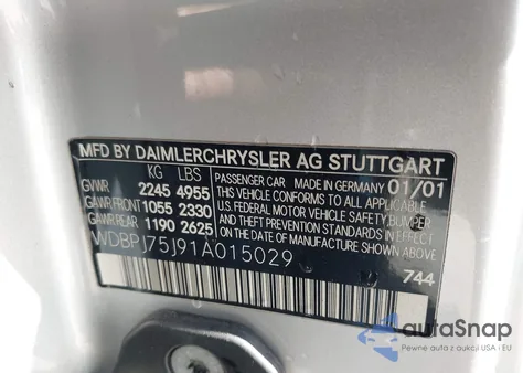 2001 Mercedes-Benz Cl 500 из США, поврежденный, VIN WDBPJ75J91A015029